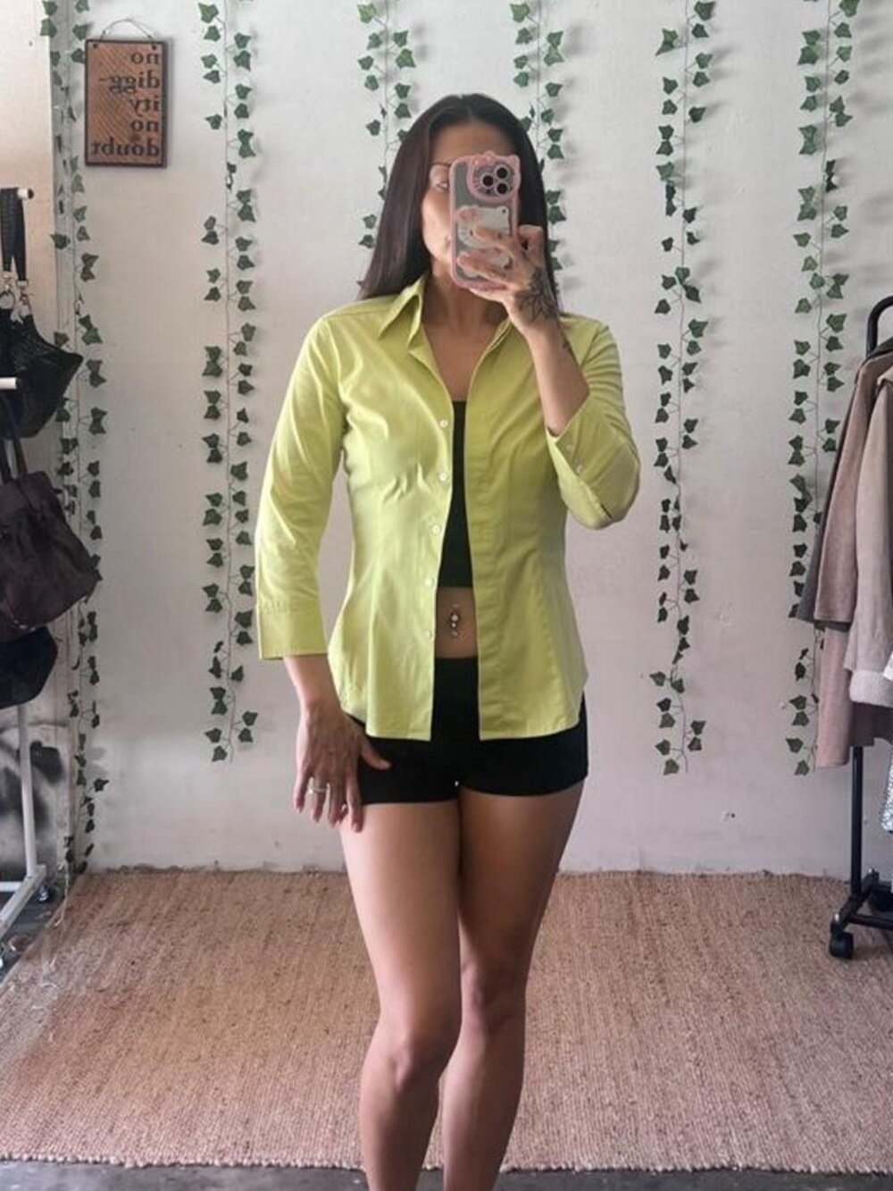 Express Design Studio yellow/green 3/4 sleeve collared shirt size XS